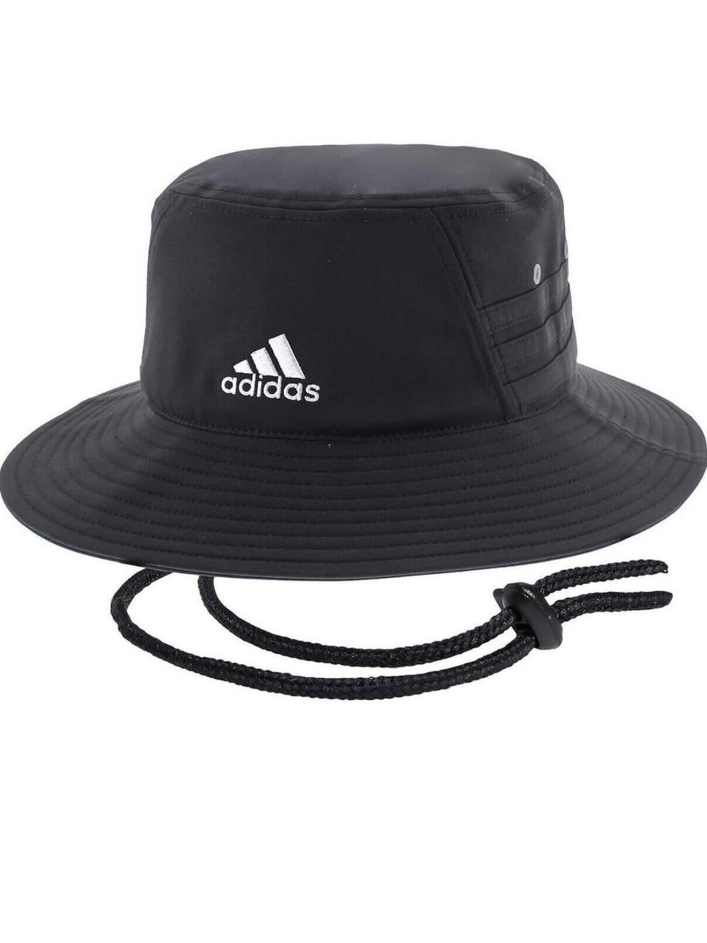 adidas Black Bucket Hat with White Logo and Chin Cord